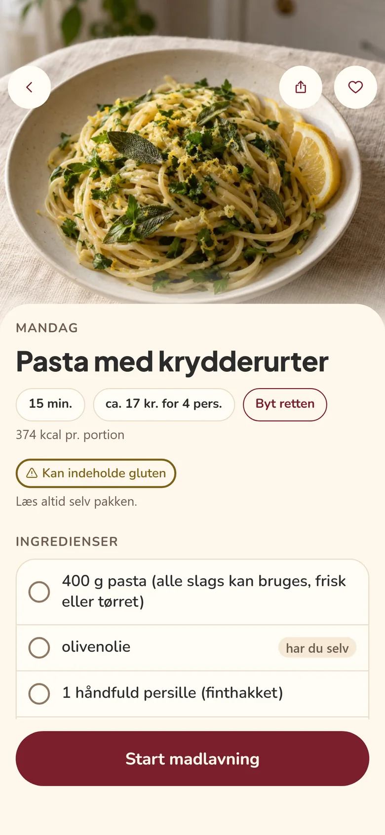 The Planuko app: the recipe Pasta with herbs, 15 minutes, about DKK 17 for 4 people