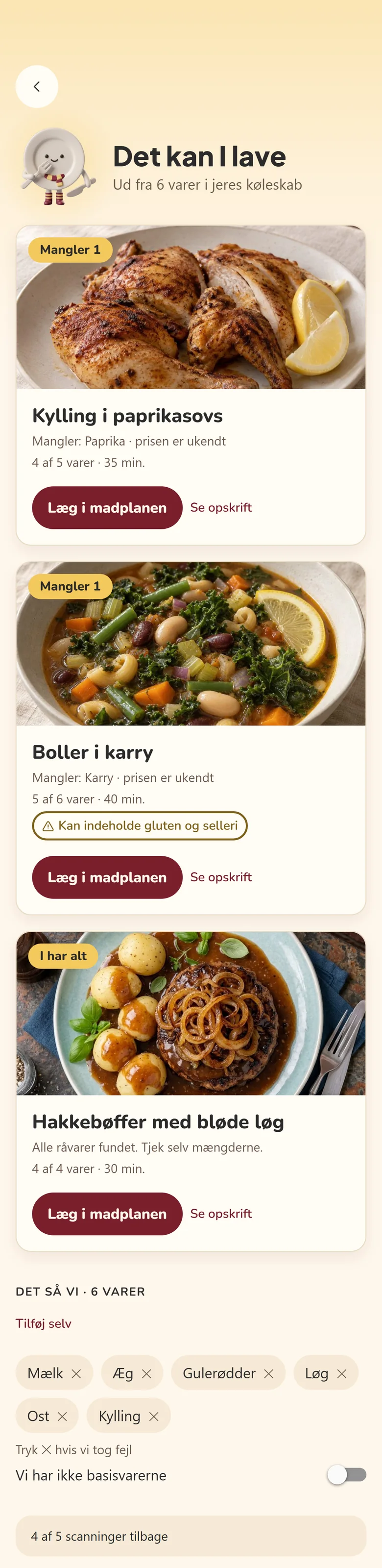 The Planuko app after a fridge scan: dishes such as chicken in paprika sauce and beef patties with soft onions, with what is missing