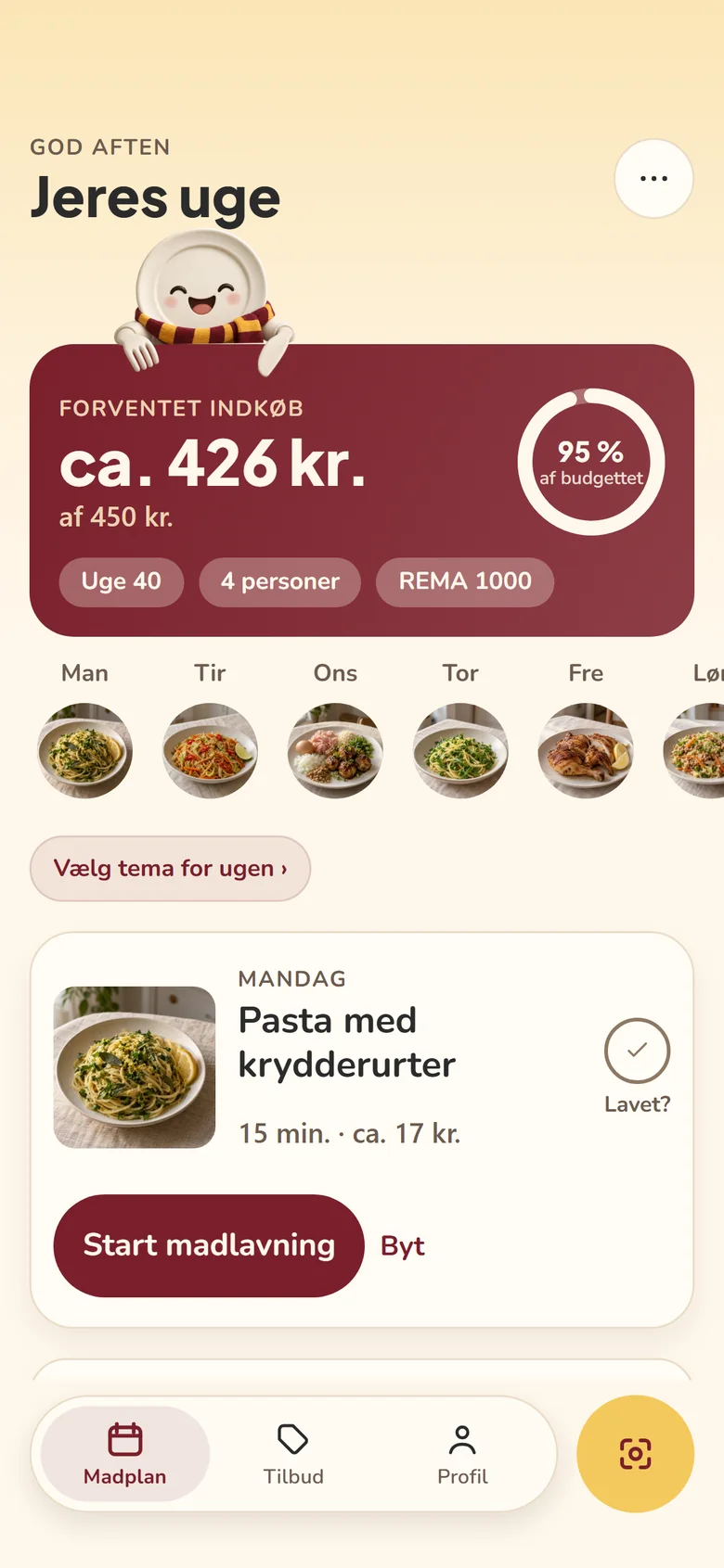 The Planuko app: the week's meal plan with an expected shop of about DKK 426 of a DKK 450 budget and seven dinners