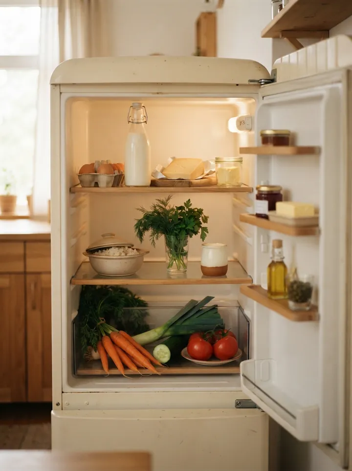 An open fridge with eggs, milk, cheese, carrots, a leek, tomatoes and leftovers in a bowl
